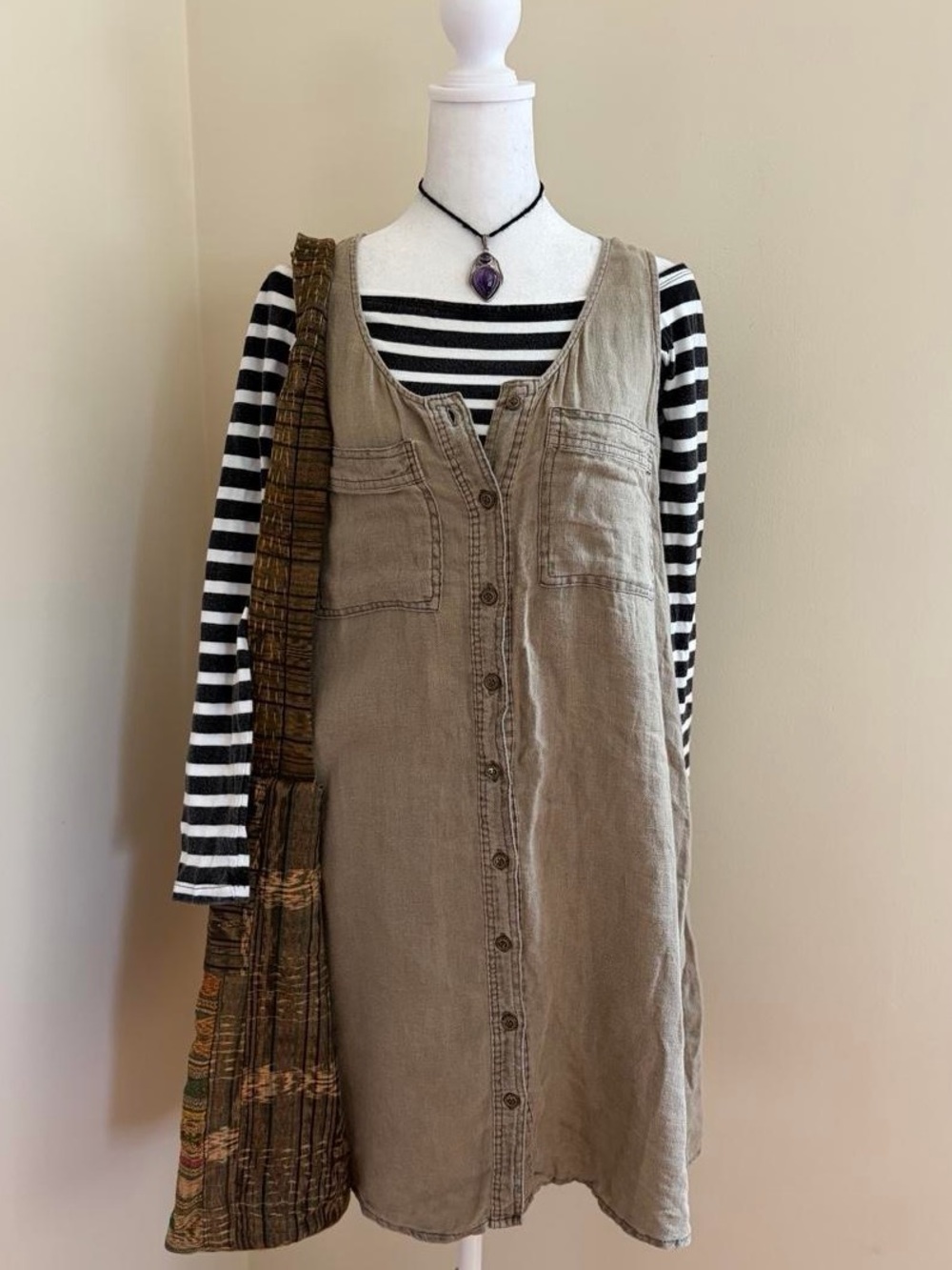 Linen button front dress grunge mori kei babydoll summer boho alt minimalist S